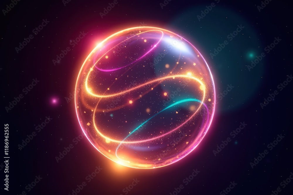 Poster abstract representation of glowing particles in a spherical shape surrounded by colorful light trail