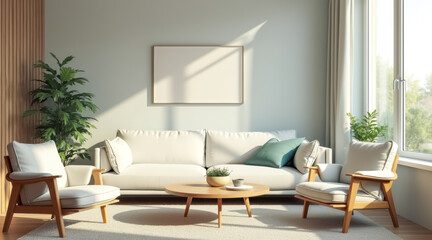 Fototapeta premium sunlit living room with cream sofa wooden armchairs