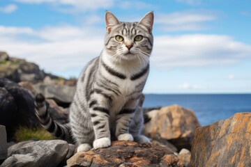 Obraz premium Portrait of a happy american shorthair cat while standing against rocky shoreline background