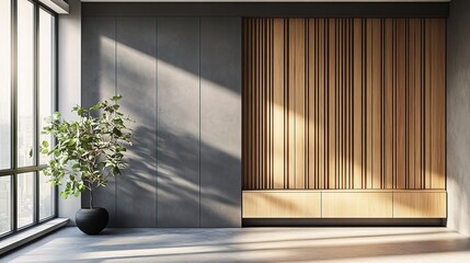 Obraz premium Modern Empty Room with Gray Slat Wall and Built-In Wood Features