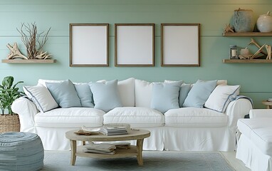 Coastal living room, sofa, decor, calm atmosphere, relaxation