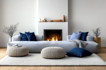 Warm Winter Vibes: Beige Knitted Poufs & Blue Pillows in Cozy Scandinavian Living Room with Grey Sofa & Fireplace