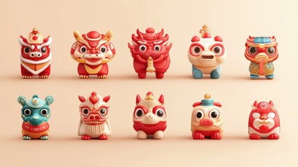 Adorable Chinese New Year lion and animal figurines
