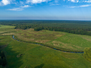 Aerial viev rural landscape and Ina river near Puszcza Goleniowska in West Pomerania, region of Poland. Photo from the drone.	