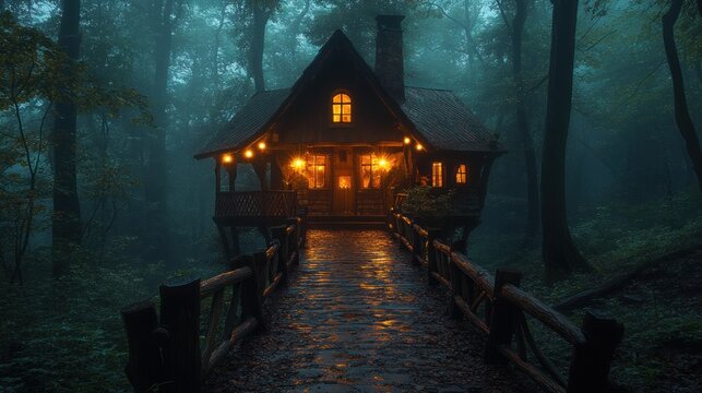 Enchanting cabin in misty forest at night. - Powered by Adobe