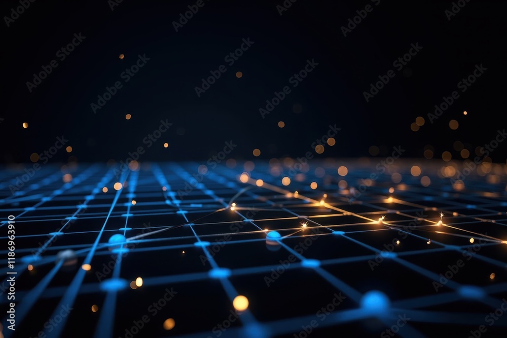 Poster abstract digital grid network background with glowing particles, creating a futuristic and technolog
