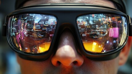Close up of an engineer wearing augmented reality glasses, analyzing holographic data and digital information in a futuristic industrial environment