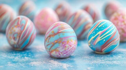 Obraz premium Decorated Pastel Easter Eggs On Blue Surface