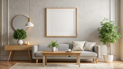 Blank picture frame mockup on a wall. Horizontal orientation. Artwork template in interior design generated by AI.
