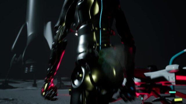 High technology 3d render animation of artificial general intelligence humanoid robot walking on lunar mission with cooperation cosmonauts and rover with drones