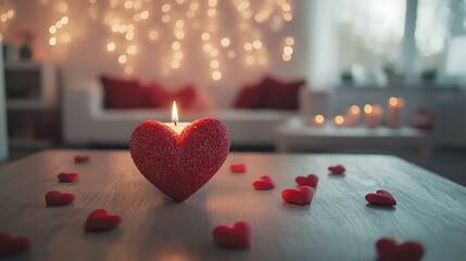 A romantic scene with red Valentine's Day decorations in the background, a candle on a table, and a blank central space for adding personalized content
