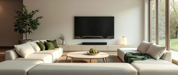 modern living room with beige sectional sofa large flat-screen tv
