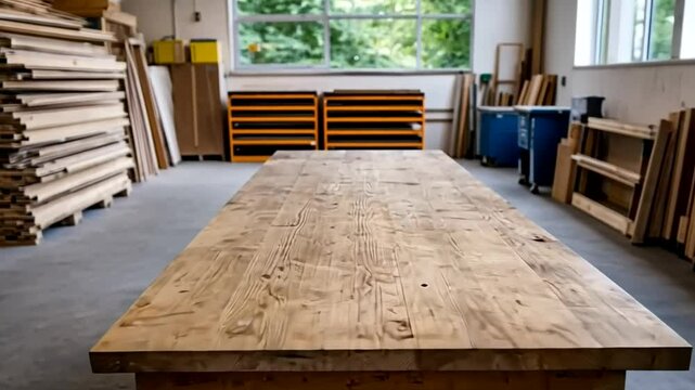 A spacious woodworking shop with a large wooden table, ideal for art and DIY projects