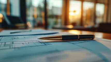 Close-up of pen resting on architectural blueprints near window.