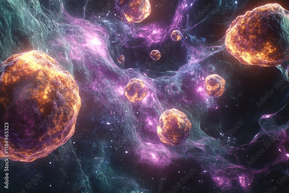 Aufkleber cancer cells with luminous edges floating in a cosmic environment exhibiting vibrant colors and intr