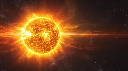 Blazing sun with solar flares erupting in deep space galaxy background.