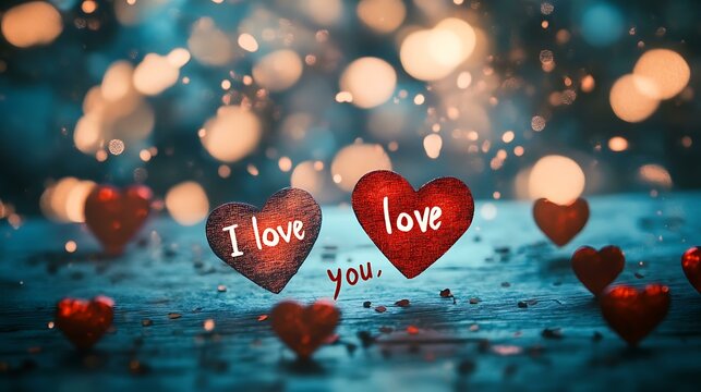 A romantic handwritten message of "I love you," framed by hearts, with a blurred background and high-quality graphics, in ultra-high-definition resolution