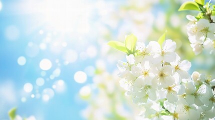 Bright Spring Day with Blooming Cherry Blossoms and Blue Sky