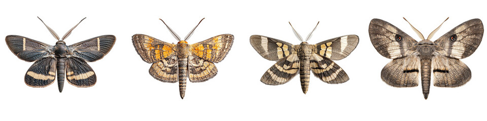 Obraz premium Detailed Close-Up Images of Various Colorful Moths on White Background