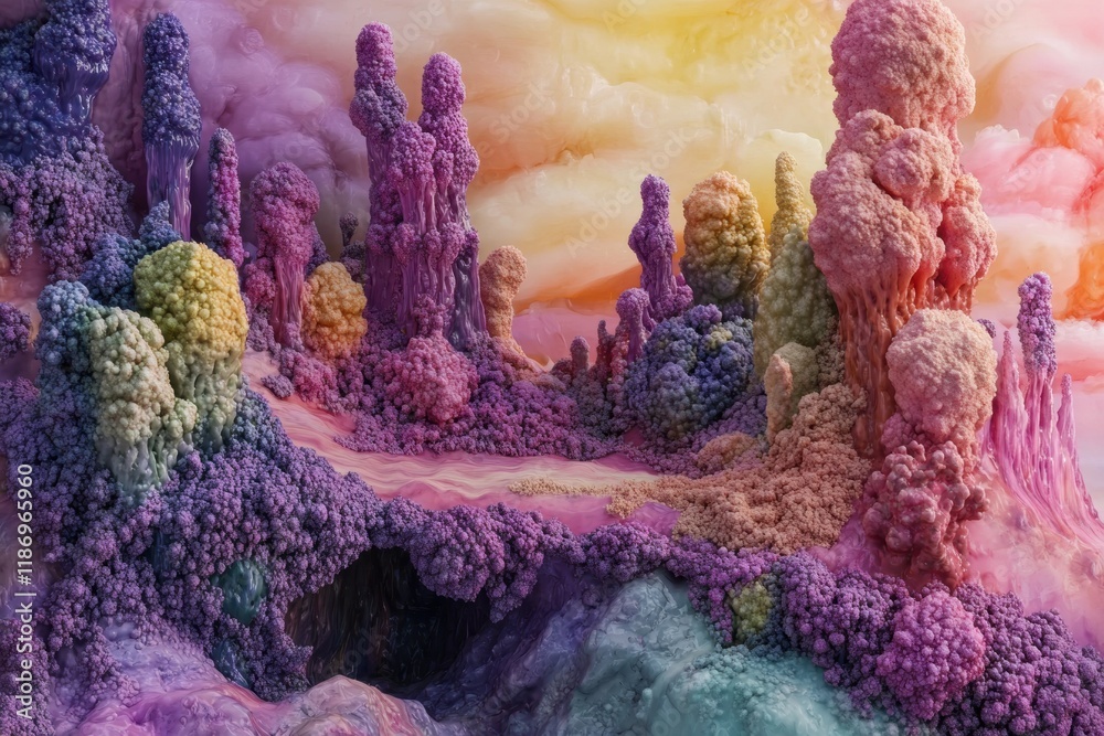 Poster vibrant landscape formed by intricate bacteria textures showcasing diverse colors and shapes at twil
