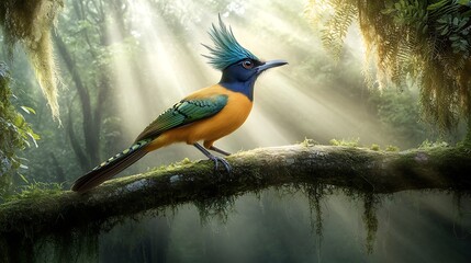Fototapeta premium Vibrant bird perched on mossy branch in sunlit rainforest.