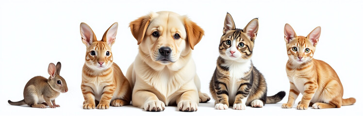 Obraz premium A Group Of Domestic Animals Including A Dog, Cat, Rabbit, And Mouse Are Isolated On A White Background With Transparent Png Overlay. 00002