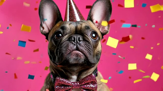 A festive French Bulldog wearing a glittery party hat and bow tie on New Year's Eve
