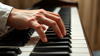 Obraz premium Close-up of a hand playing piano keys. (1)