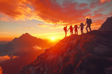 Panoramic view of team of people holding hands and helping each other reach the mountain top in spectacular mountain sunset landscape