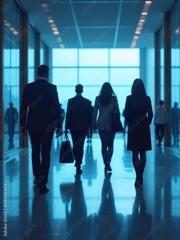 Poster a group of blurred people walk in a business lobby with a blue tonal background generated by an arti