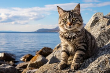 Fototapeta premium Portrait of a funny american bobtail cat while standing against rocky shoreline background