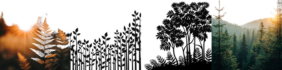 Serene Forest Landscape with Sunlight Filtering through Lush Greenery and Ferns