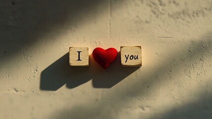 A minimalist Valentine's Day design featuring the words "I love you" in wooden blocks with a red heart, set against a soft light background, perfect for romantic messages