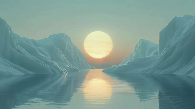 Arctic Sunset, Serene Ice Mountains Reflecting in Calm Water - Abstract Winter Landscape Animation Background Video