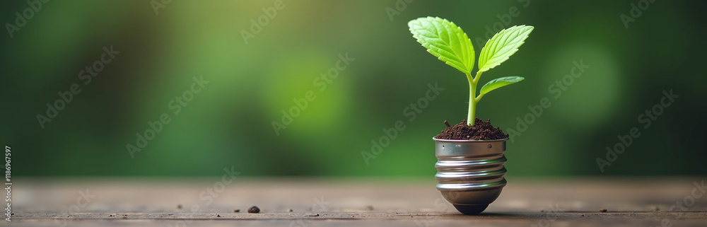 Poster a green plant is growing in a light bulb, symbolizing a unique way to save energy and protect the en