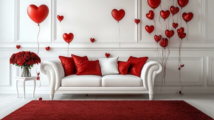 A heartwarming Valentine's Day living room scene with red carpet, white sofa with red pillows, a vase of roses, and floating red balloons above, creating the perfect romantic ambiance