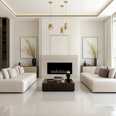 Modern Art Deco Living Room with Fireplace and Gold Pendant Light