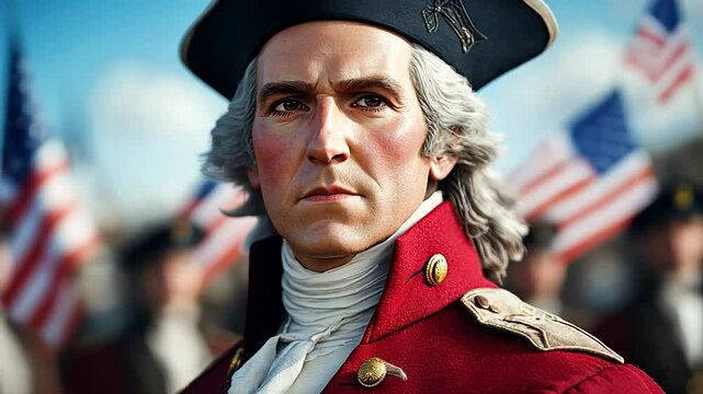 A historical reenactor dressed as a colonial soldier stands with American flags in the background, representing Independence Day and patriotism