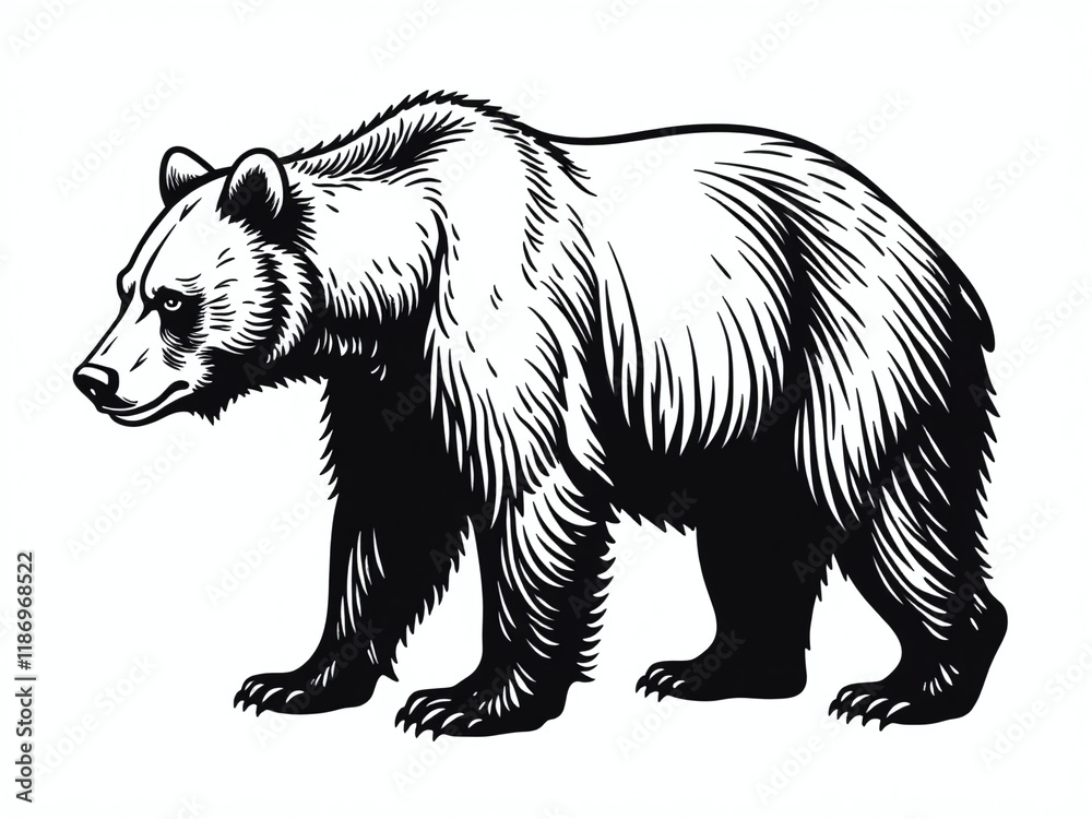 Poster a graphic image of a bear in black and white is isolated on a white background for visual clarity. 0