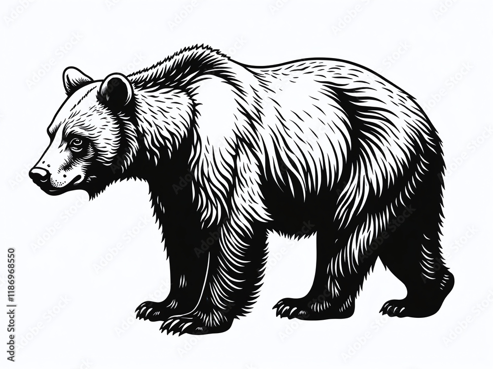 Poster a graphic image of a bear in black and white is isolated on a white background for visual clarity. 0