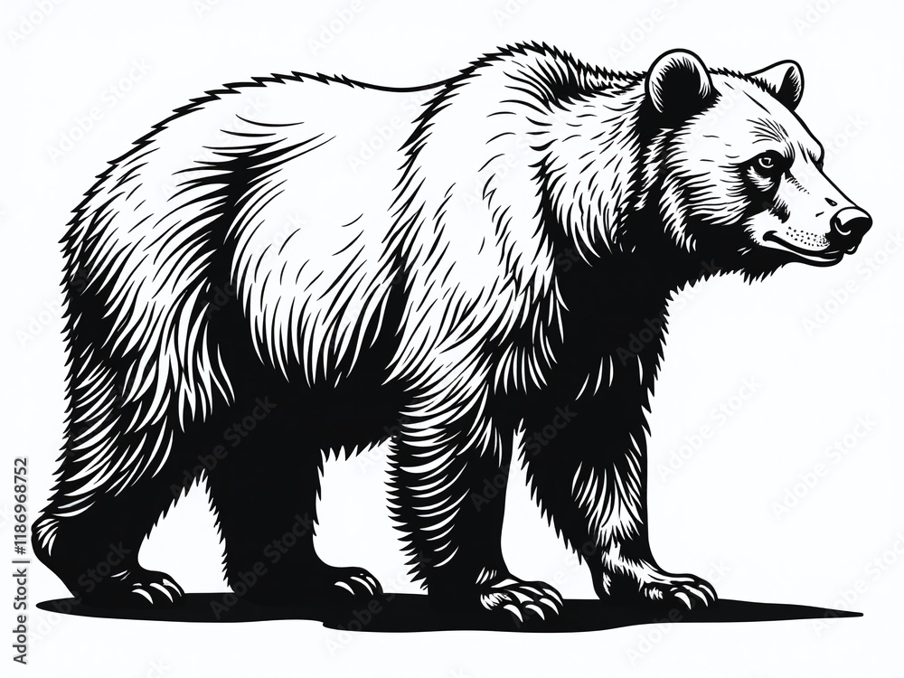 Poster a graphic image of a bear in black and white is isolated on a white background for visual clarity. 0