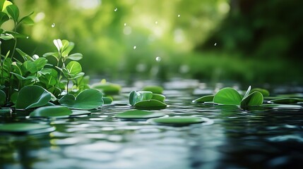 Naklejka premium Lush Natural Background with Water and Greenery in Soft Focus