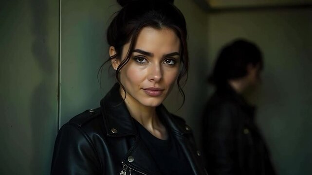 Woman in deep thought, inner voice guiding her seen stood behind her