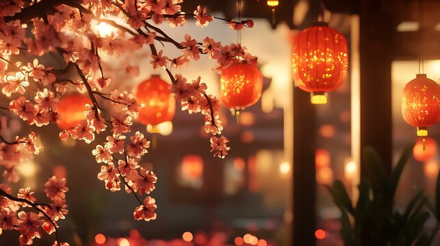A festive scene of Vietnamese Lunar New Year symbols, with red envelopes, peach blossoms, and lanterns, designed in ultra-high-definition 32K UHD with soft, cinematic lighting