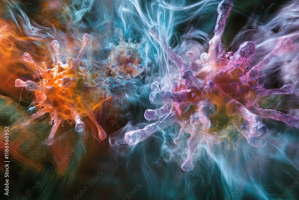 Aufkleber antibodies engage and attack virus particles in a vibrant microscopic landscape filled with colorful