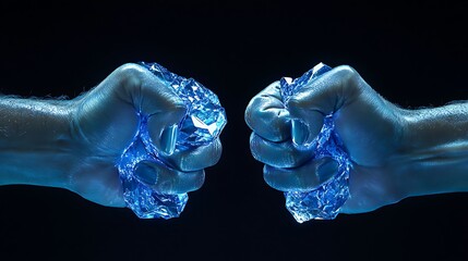Studio photograph of two fists composed of blue iridescent diamonds back of the hand view moody overhead lighting on black background