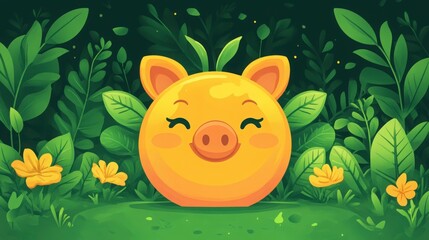 Cheerful and Playful Cartoon Pig Character Surrounded by Lush Greenery and Vibrant Flowers in a Colorful Nature Scene Ideal for Children's Illustrations or Graphic Design Projects
