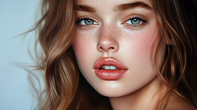 A young Caucasian woman with freckles gazes intensely, symbolizing beauty and self-expression