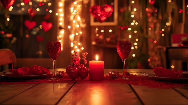 A festive Valentine's Day setup with red decorations, a candle on a table, and a blank space in the middle for adding custom designs or text