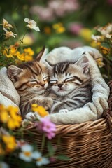 Two tabby kittens nestled in a wicker basket with blooming flowers